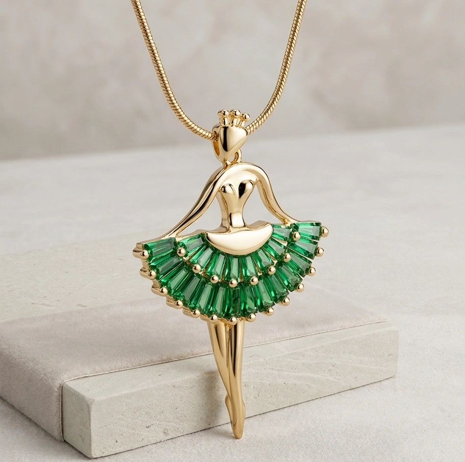 Emerald Green Ballerina Necklace - Anti-Tarnish Gold Plated Dancing Girl Pendant