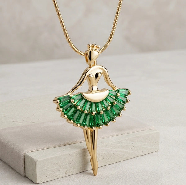 Emerald Green Ballerina Necklace - Anti-Tarnish Gold Plated Dancing Girl Pendant