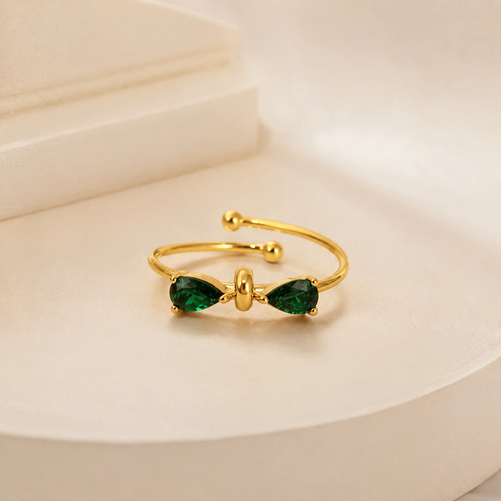 Emerald Green Bow Adjustable Ring | Anti-Tarnish Gold Plated