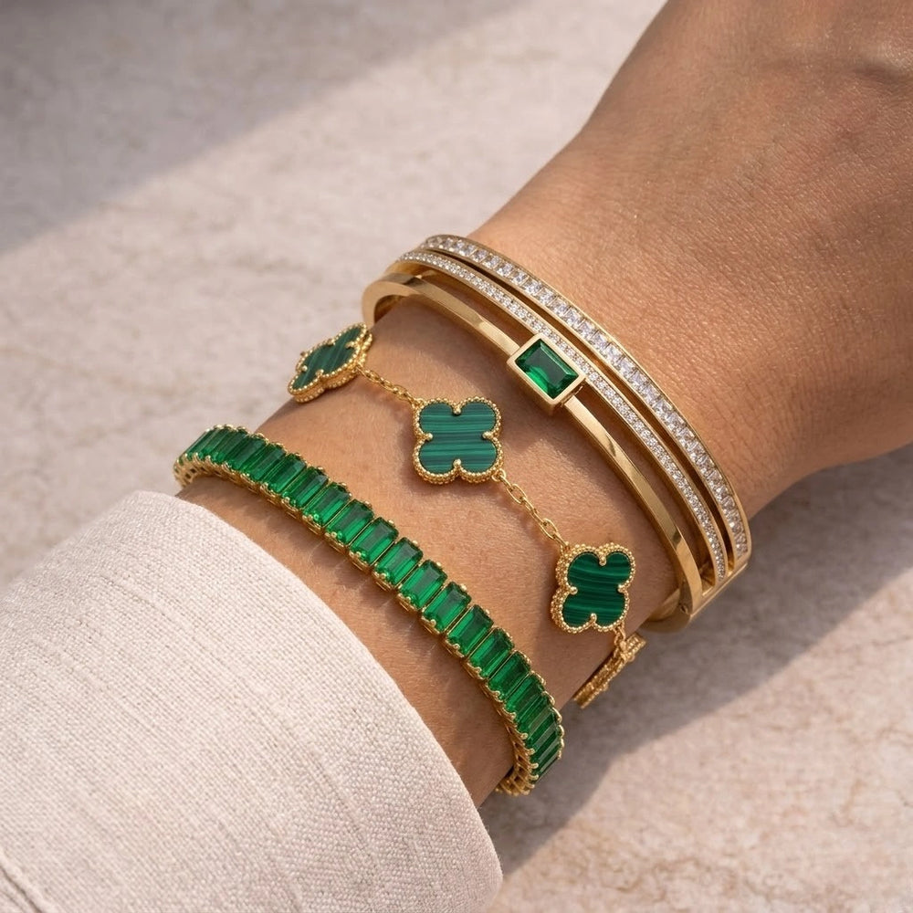 Emerald Green Clover & Tennis Bracelet Stack | 3-Piece Set | Anti-Tarnish Gold Plated