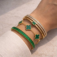 Emerald Green Clover & Tennis Bracelet Stack | 3-Piece Set | Anti-Tarnish Gold Plated