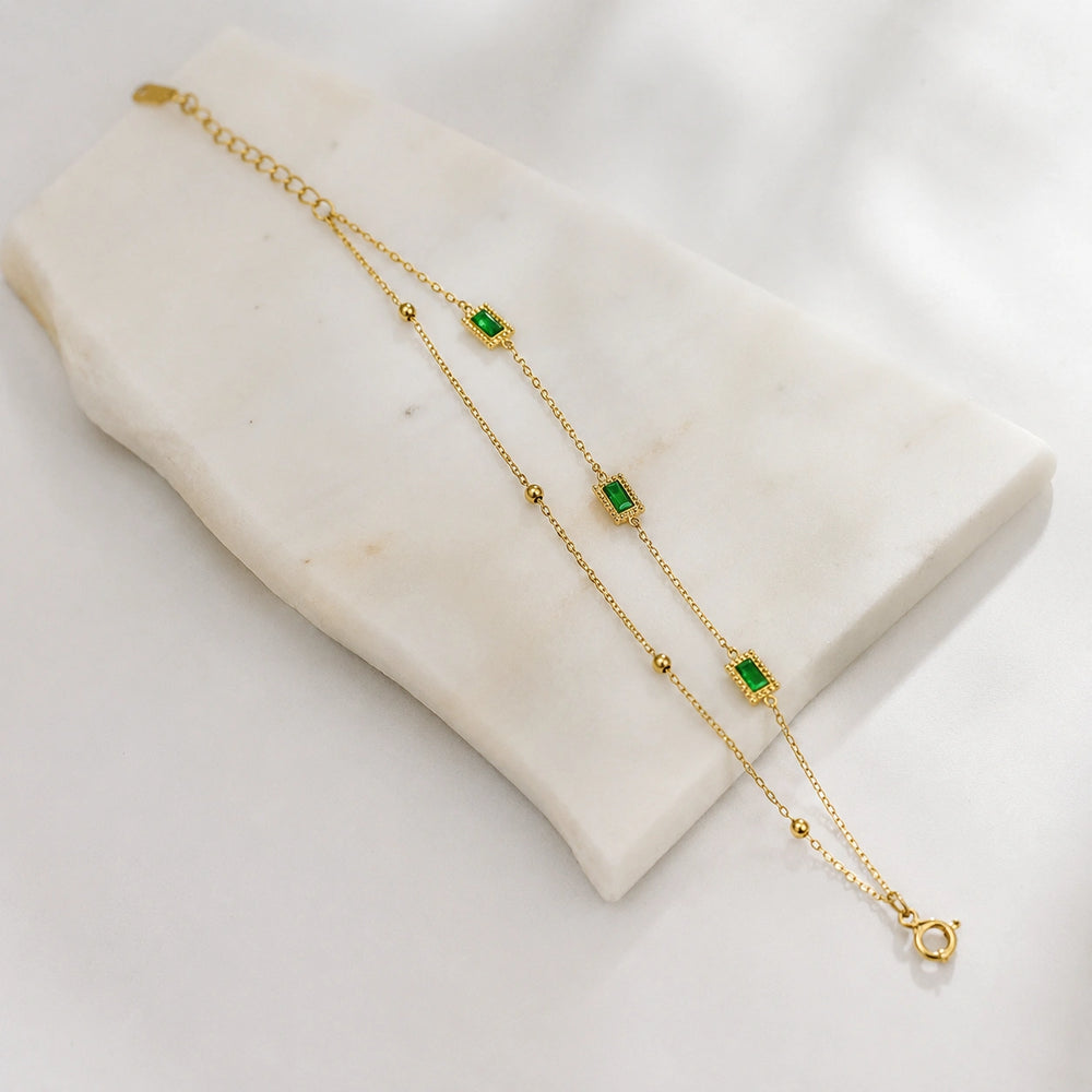 Emerald Green Double Layer Chain Bracelet - Anti-Tarnish Gold-Plated Minimalist Jewelry