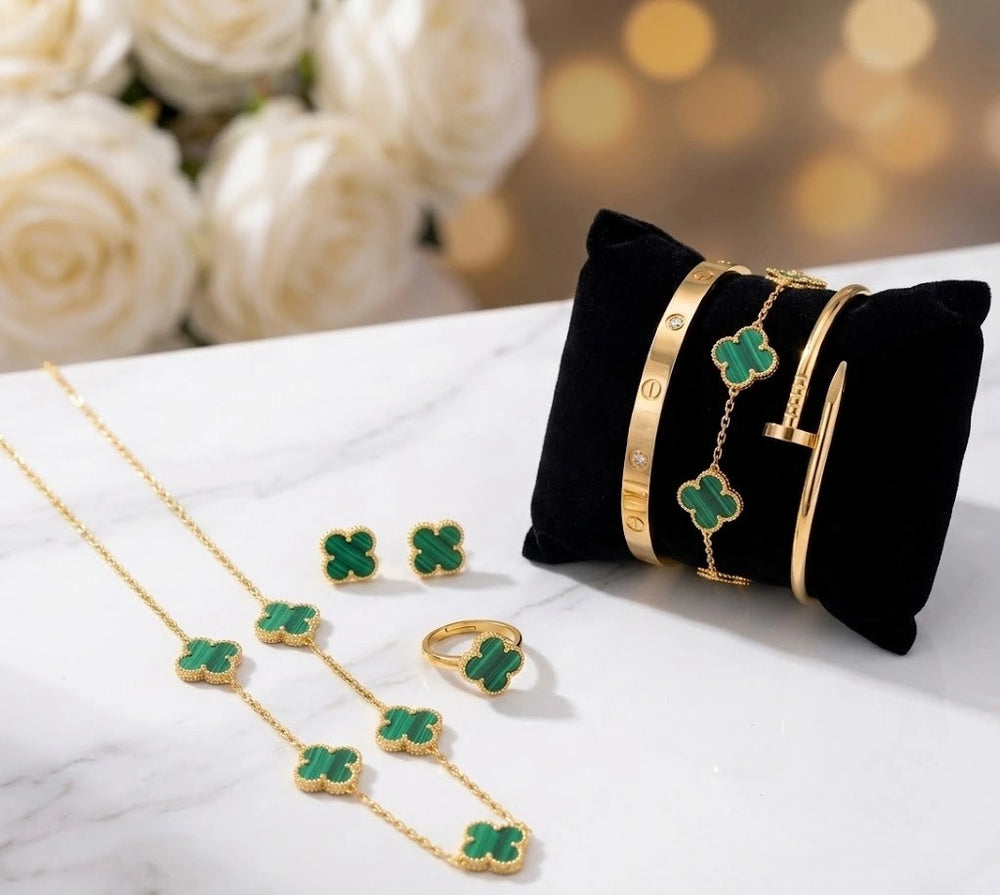 Emerald Green Clover 6-Piece Set - Anti Tarnish Gold Plated