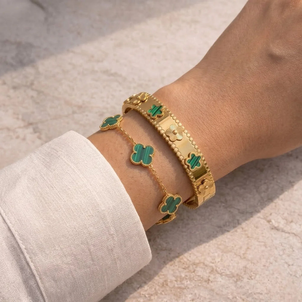 Classic Green Clover Bangle & Chain Combo - Anti Tarnish