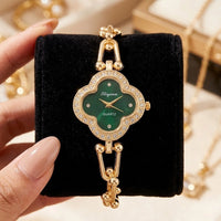 Emerald Green Clover Dial Watch | Anti-Tarnish Gold Plated Bracelet Watch for Women