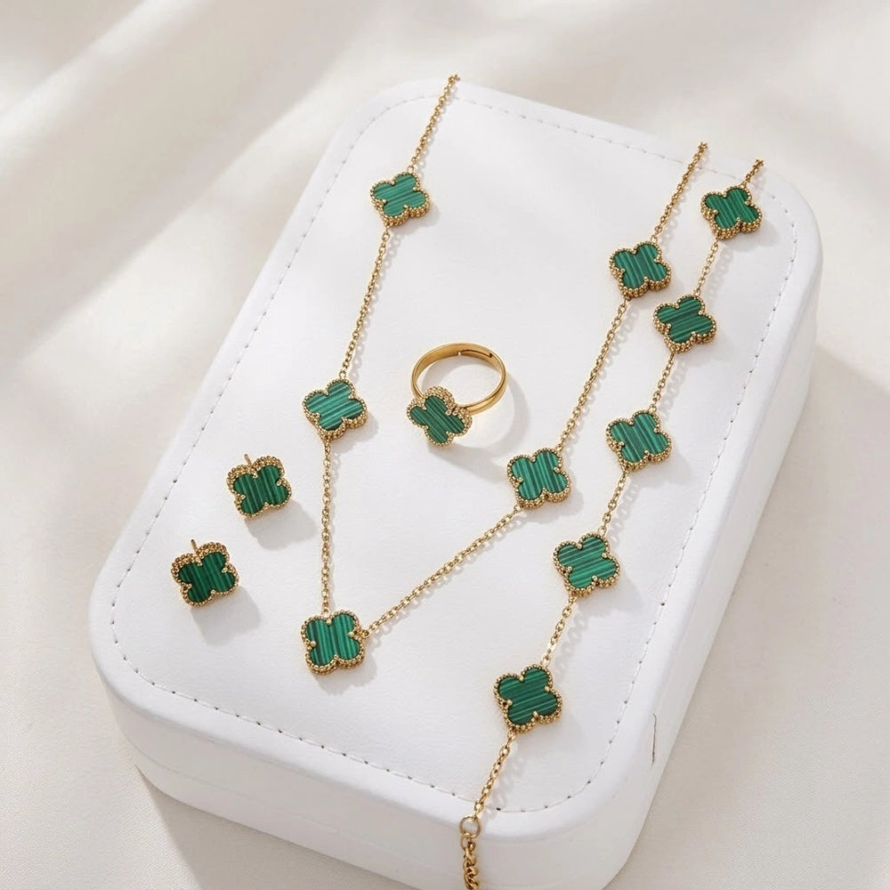 Emerald Green Clover Jewelry Set | Anti-Tarnish Gold-Plated
