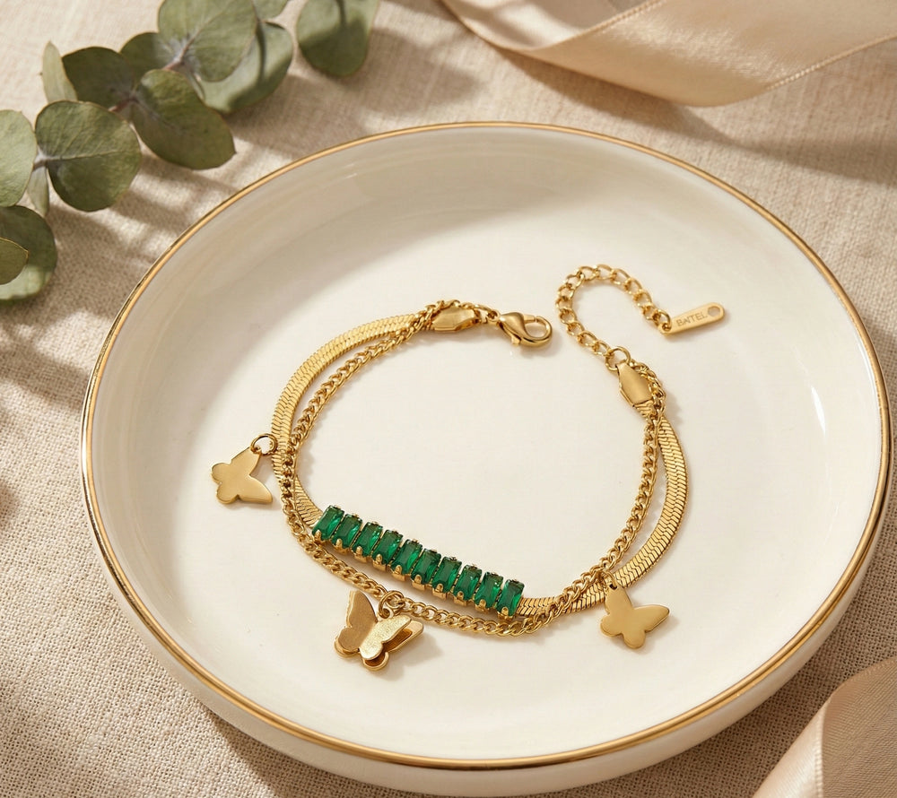 Korean Butterfly Green Stone Layered Bracelet - Anti Tarnish Gold Plated