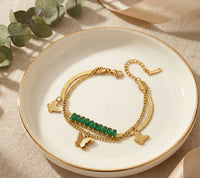 Korean Butterfly Green Stone Layered Bracelet - Anti Tarnish Gold Plated