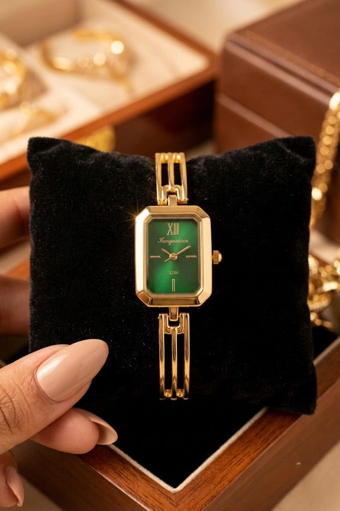 Vintage Emerald Green Dial Watch - Anti-Tarnish Gold Plated