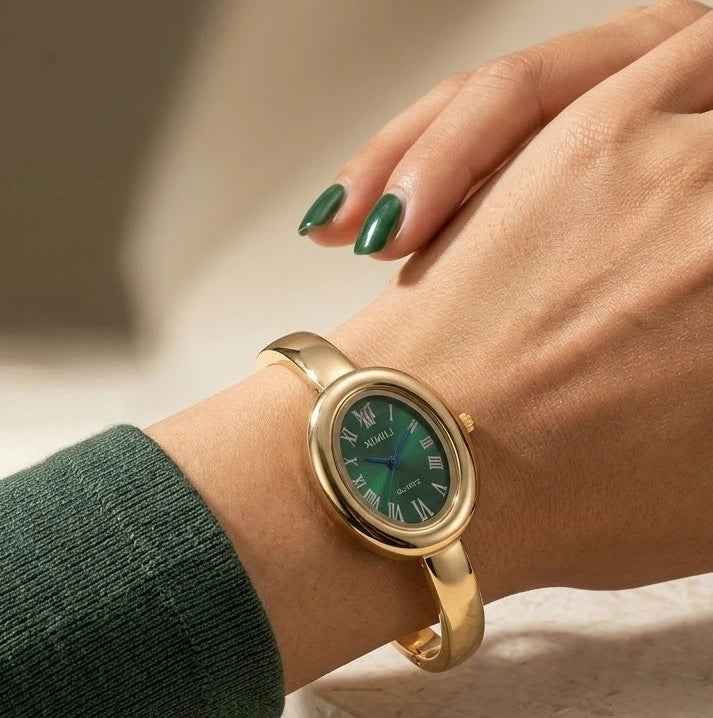 Vintage Emerald Green Dial Bangle Watch | Anti-Tarnish Gold Plated | Moncheri Jewels