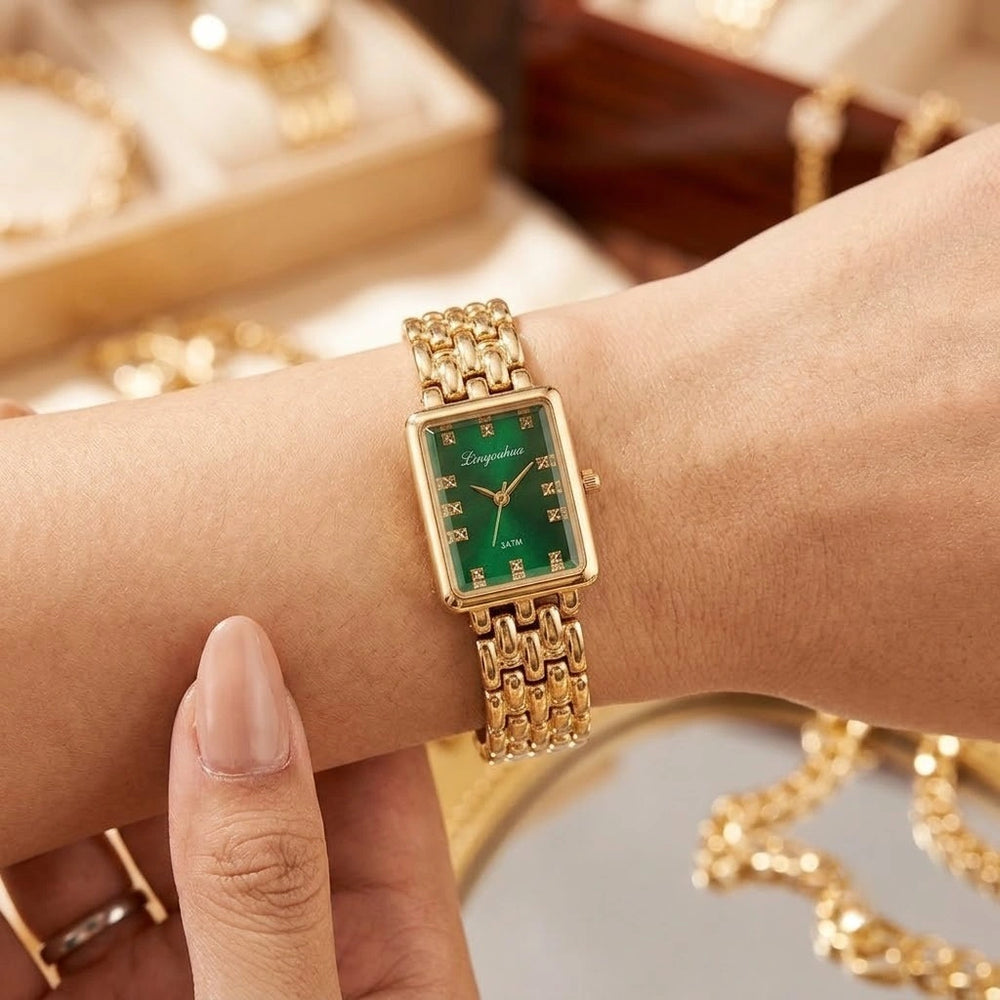 Vintage Emerald Rectangle Watch - Anti-Tarnish Gold Plated