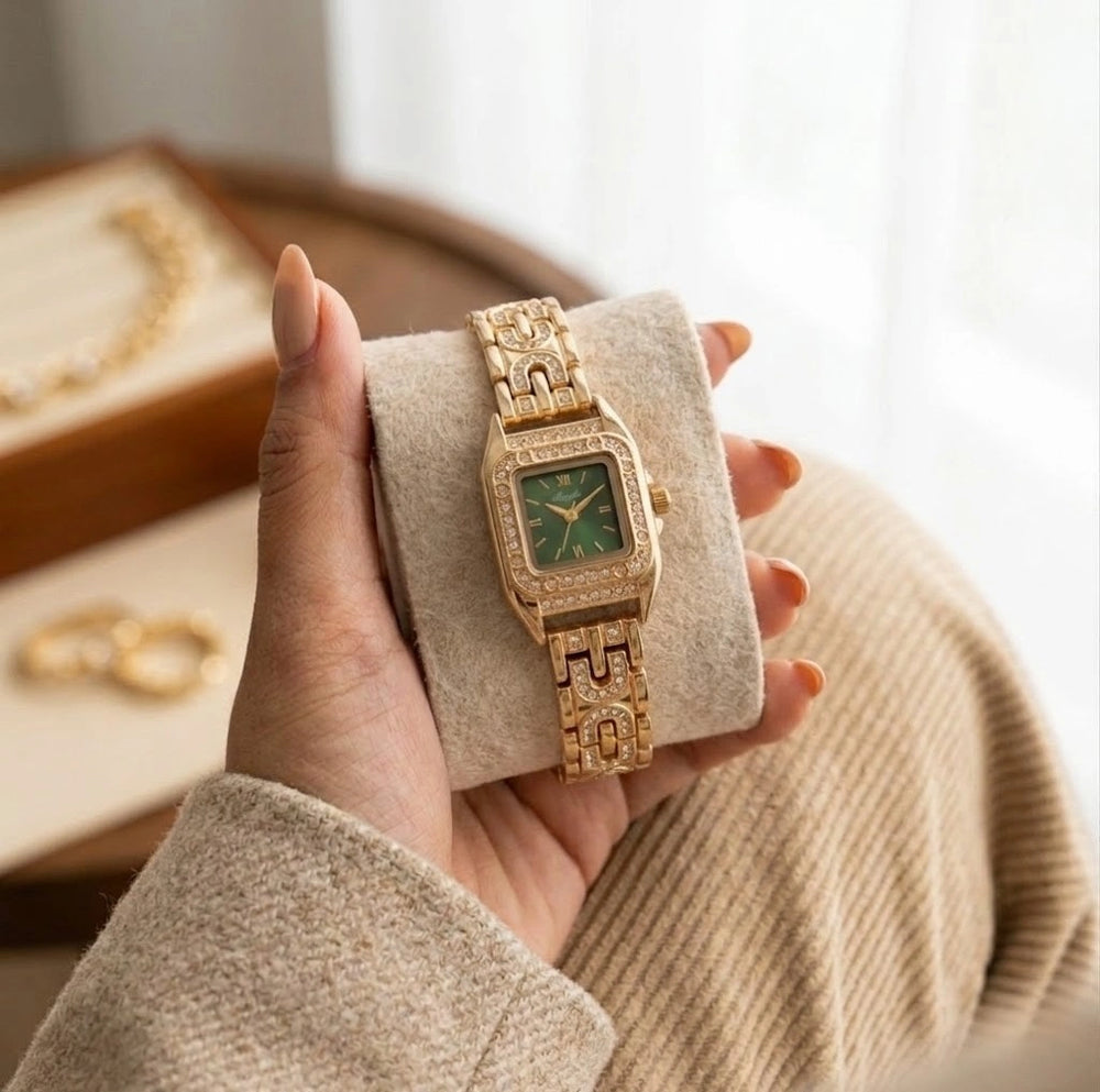 Premium Stone-Studded Square Dial Watch | Elegant Anti-Tarnish Gold Plated Wristwatch for Women