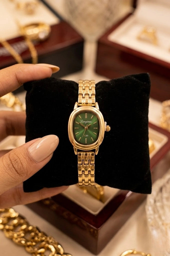 Emerald Green Minimalist Gold Plated Analog Watch for Women – Anti-Tarnish