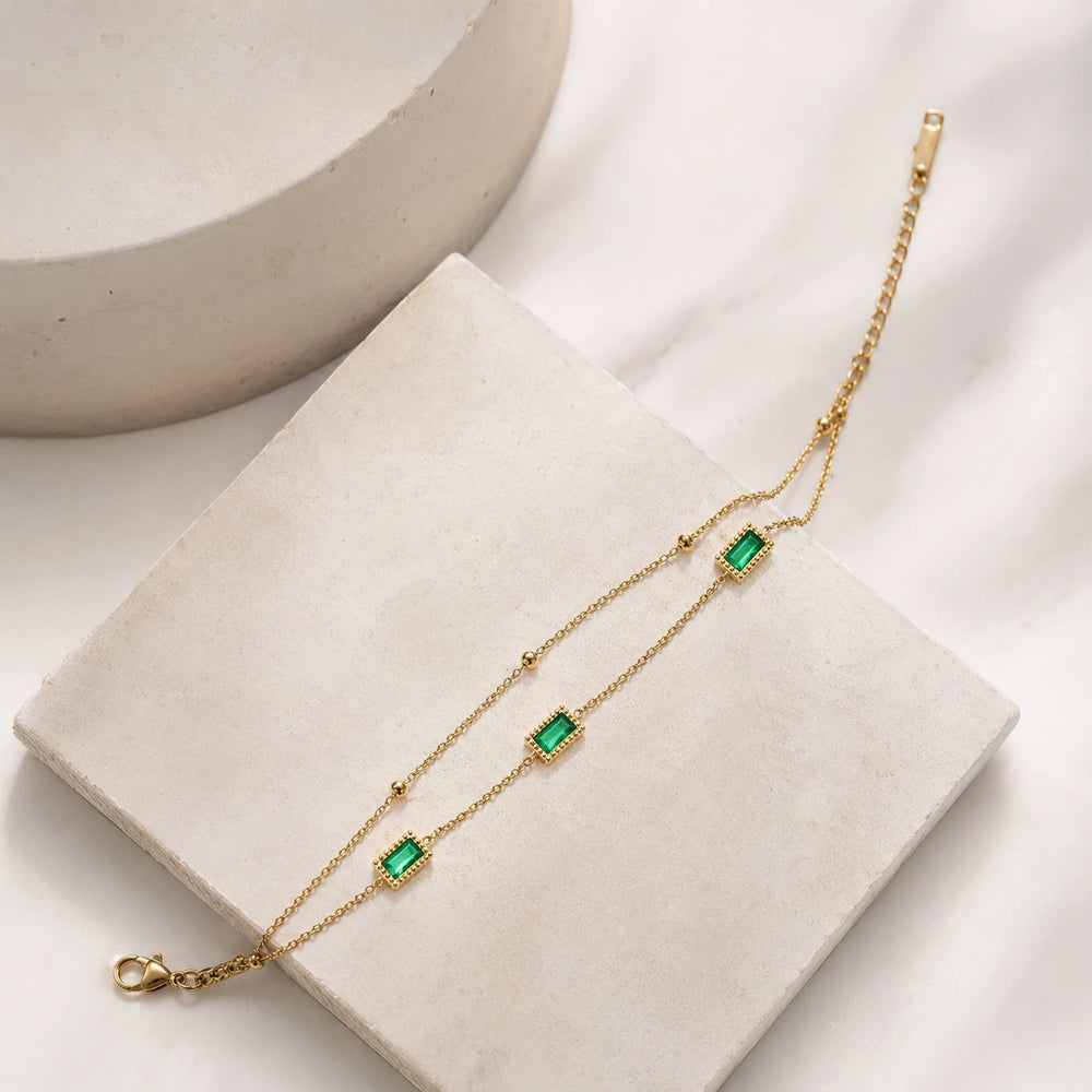 Emerald Green Double Layer Chain Bracelet - Anti-Tarnish Gold-Plated Minimalist Jewelry
