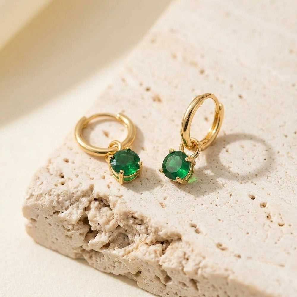 Emerald Green Drop Hoop Earrings - Anti Tarnish Gold Plated