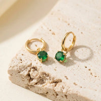 Emerald Green Drop Hoop Earrings - Anti Tarnish Gold Plated