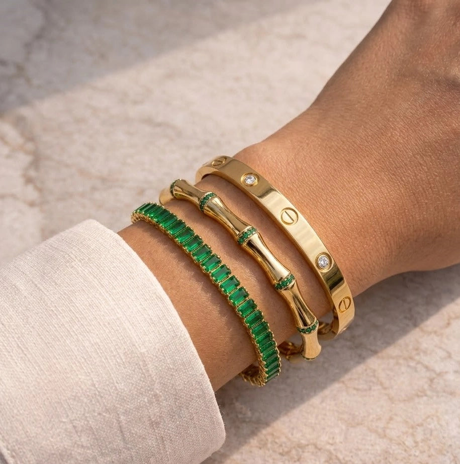 The 'Old Money' Emerald & Gold Bracelet Stack | 3-Piece Korean Style Set