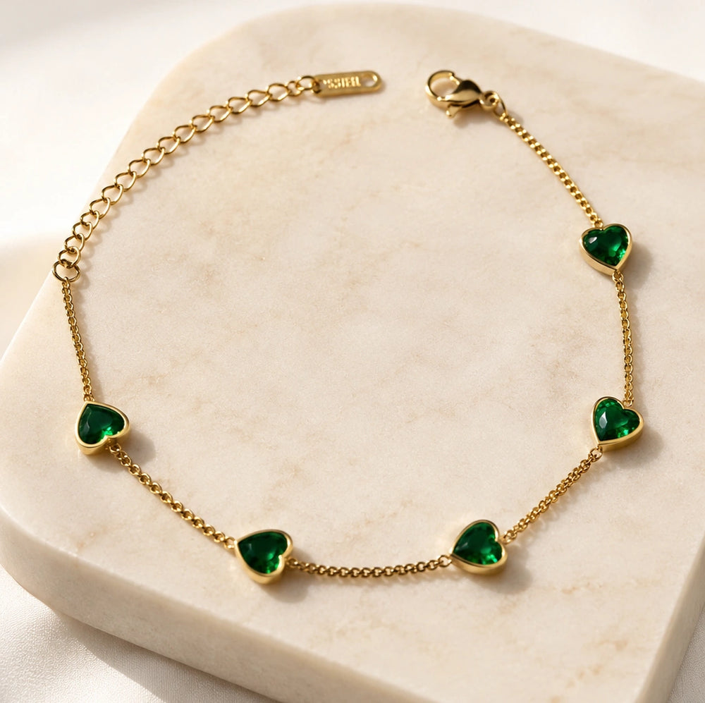 Emerald Green Heart Anti Tarnish Gold Plated Bracelet - Minimalist Korean Style