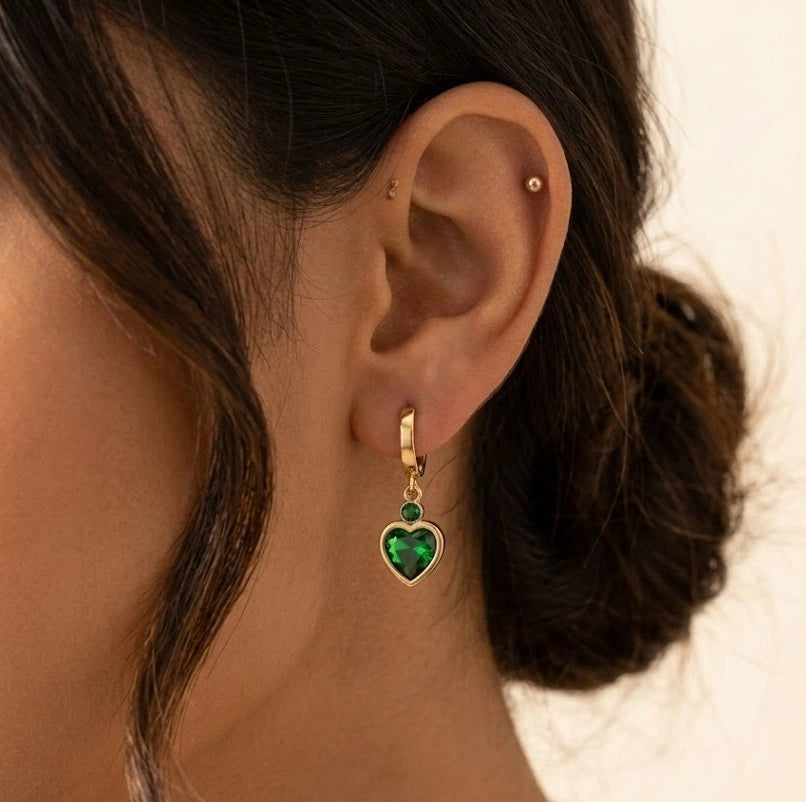 Emerald Green Heart Drop Hoop Earrings - Anti Tarnish Fashion Jewelry