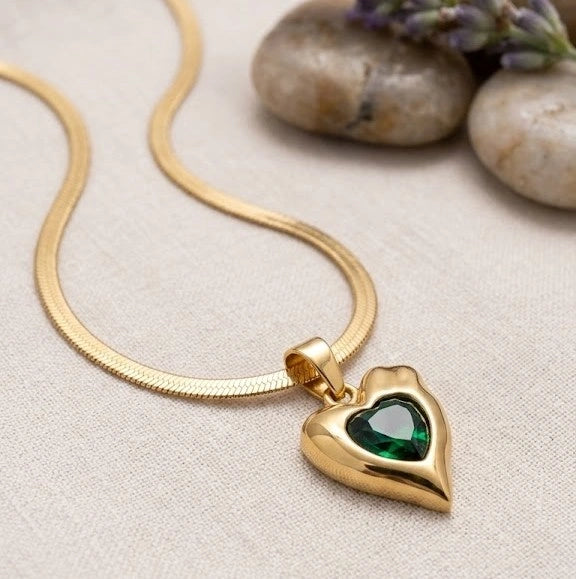 Emerald Green Heart Pendant Necklace - Anti Tarnish Gold Plated Snake Chain