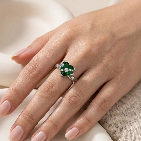 Emerald Green Heart Statement Ring Worn On Hand