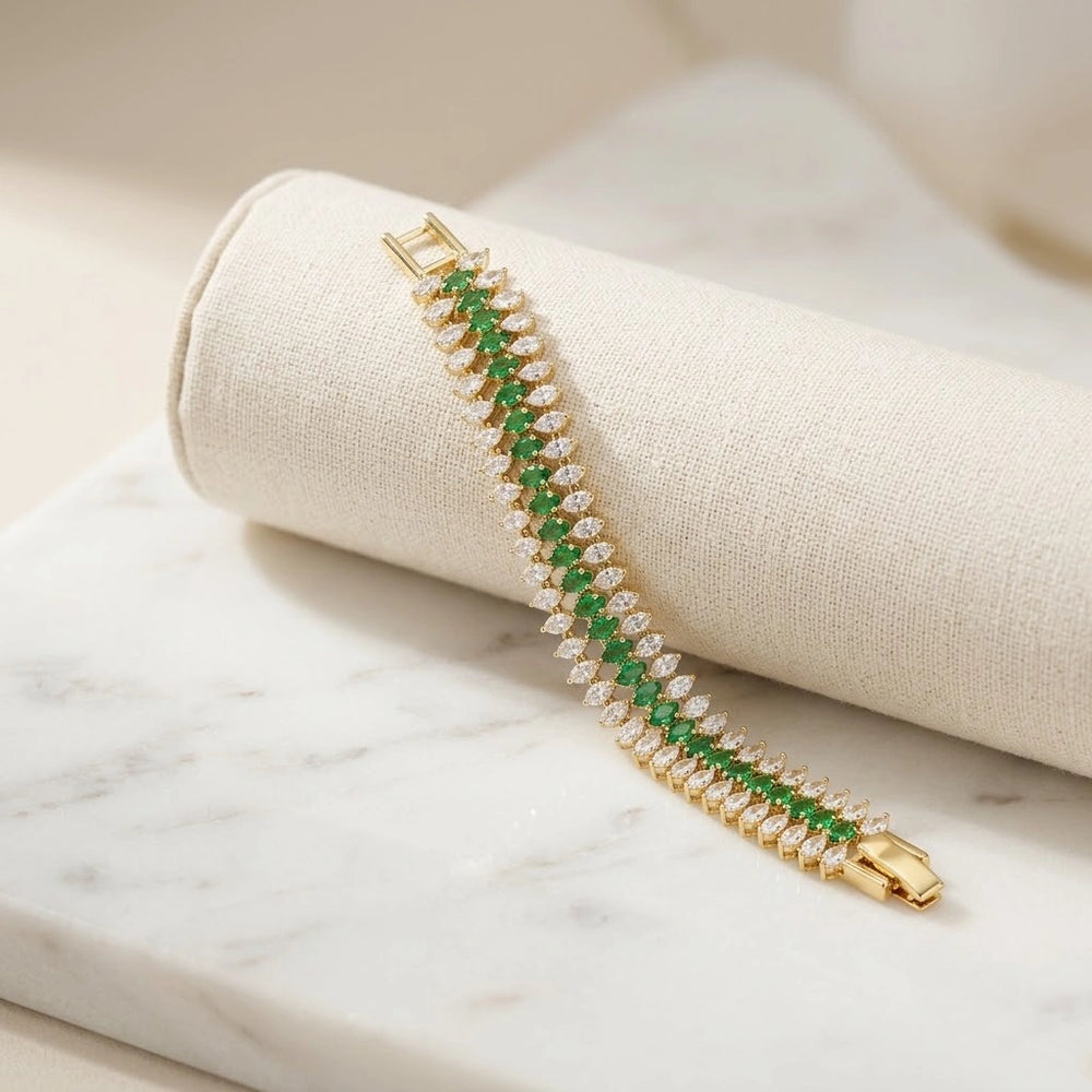 Emerald Green Marquise Stone Anti-Tarnish Gold-Plated Tennis Bracelet