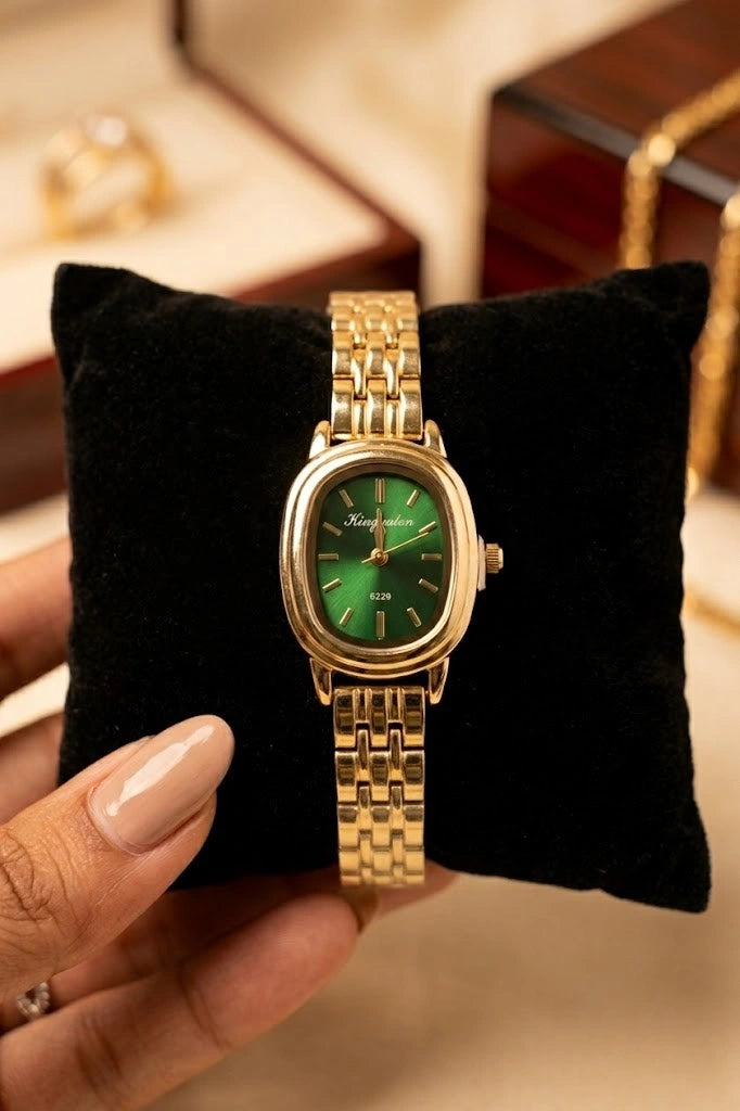 Emerald Green Oval Dial Anti-Tarnish Gold Plated Watch