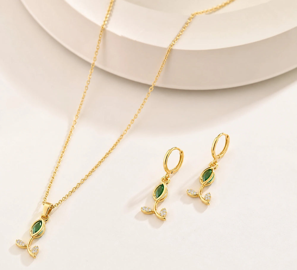 Green Teardrop Necklace & Earring Set - Anti Tarnish Gold Plated-Tulip