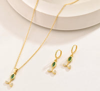Green Teardrop Necklace & Earring Set - Anti Tarnish Gold Plated-Tulip
