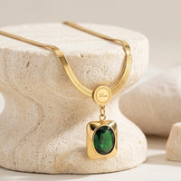 Emerald Green Stone Pendant Anti-Tarnish Gold Plated Necklace - Snake Chain