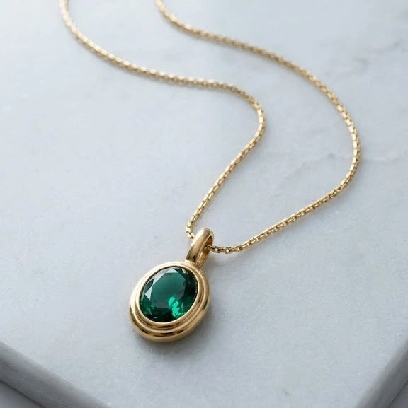 Minimalist Emerald Green Gemstone Pendant Necklace - Anti-Tarnish Gold Plated