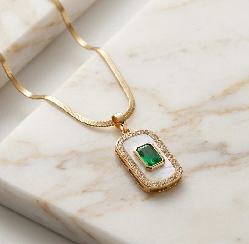 Emerald Green Rectangle Pendant Necklace - Anti Tarnish Gold Plated