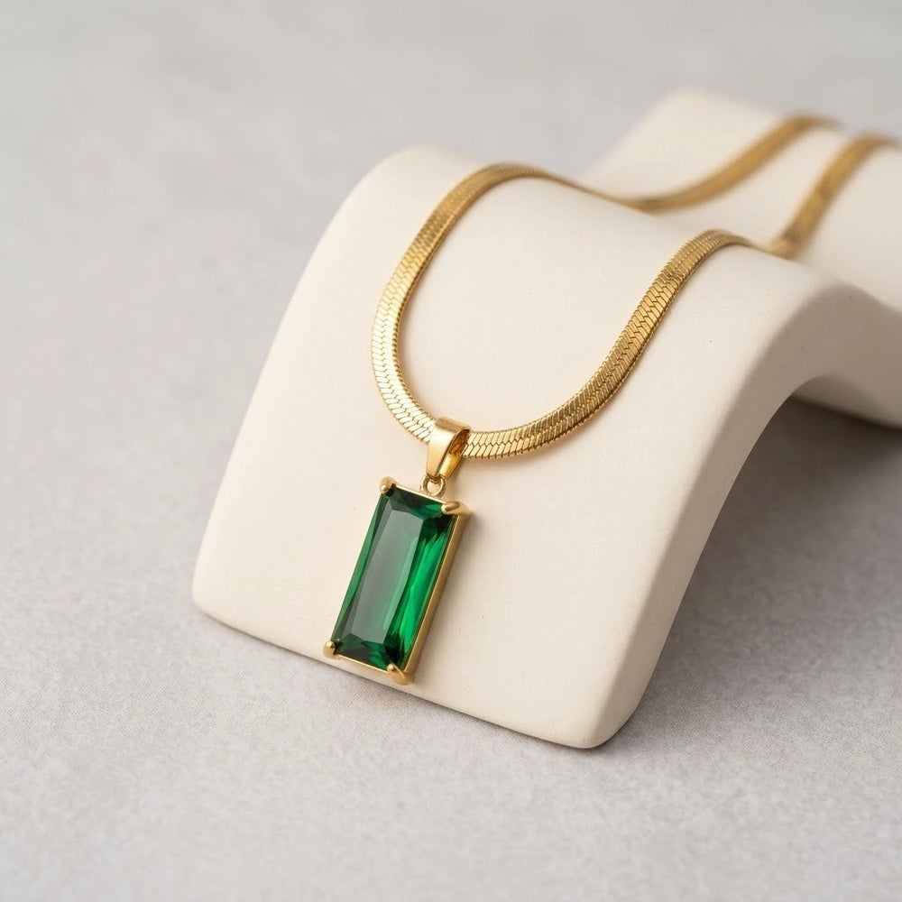 Emerald Green Rectangle Pendant Necklace - Anti Tarnish Gold Plated