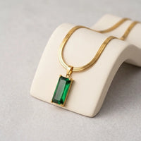 Emerald Green Rectangle Pendant Necklace - Anti Tarnish Gold Plated