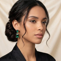 Emerald Green Rectangular Crystal Drop Earrings - Premium Gold Finish