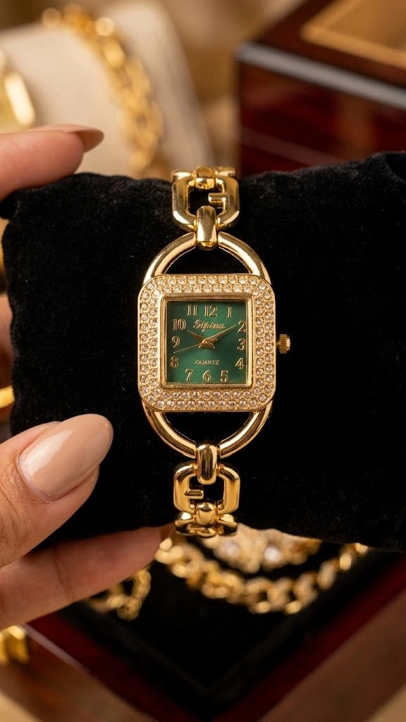 Front close up of vintage emerald green square dial anti-tarnish gold plated watch by Moncheri Jewels.