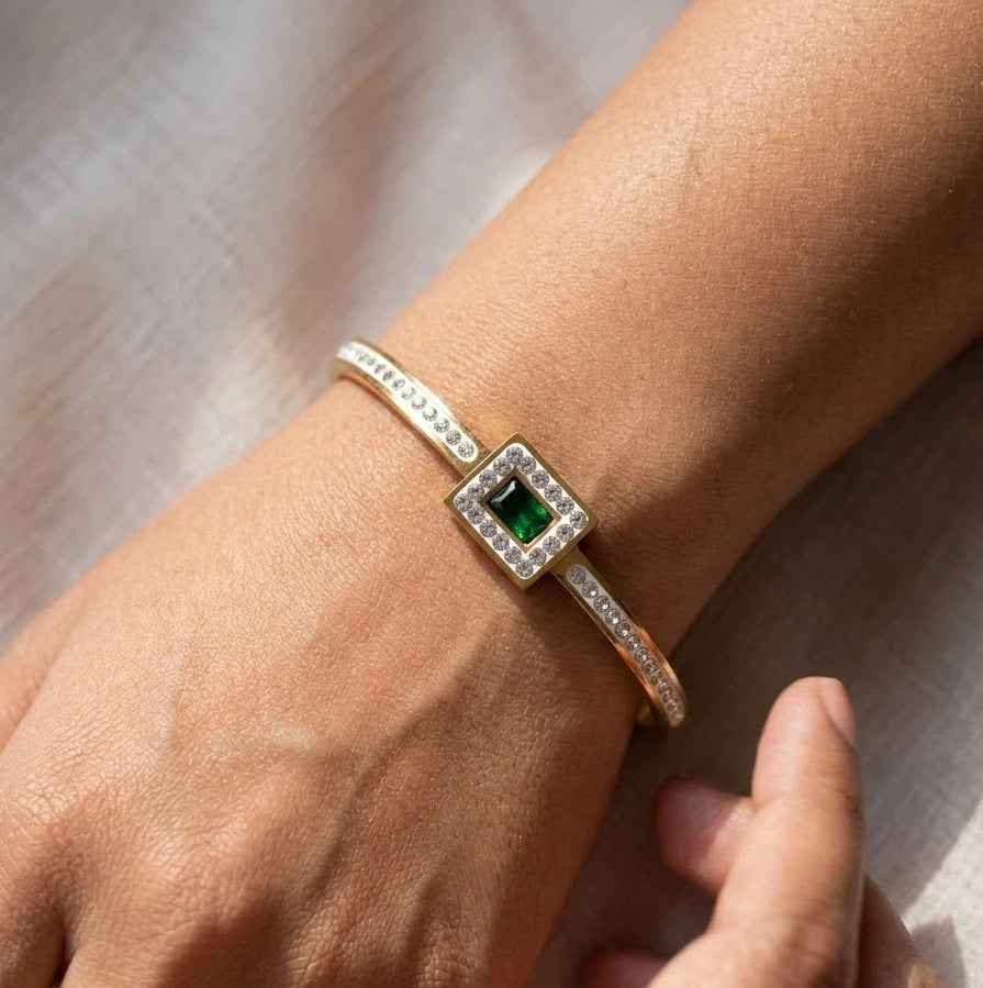 Emerald Green Square Halo Cuff - Anti-Tarnish Gold Plated Bracelet