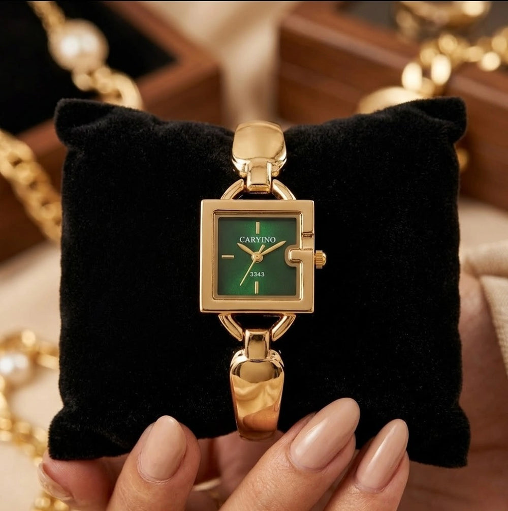 Vintage Emerald Square Dial Watch - Anti-Tarnish Gold Plated