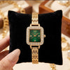 Elegant Emerald Green Square Dial Anti-Tarnish Gold Plated Watch for Women