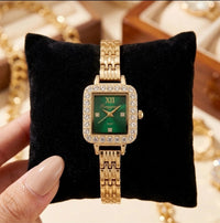 Elegant Emerald Green Square Dial Anti-Tarnish Gold Plated Watch for Women
