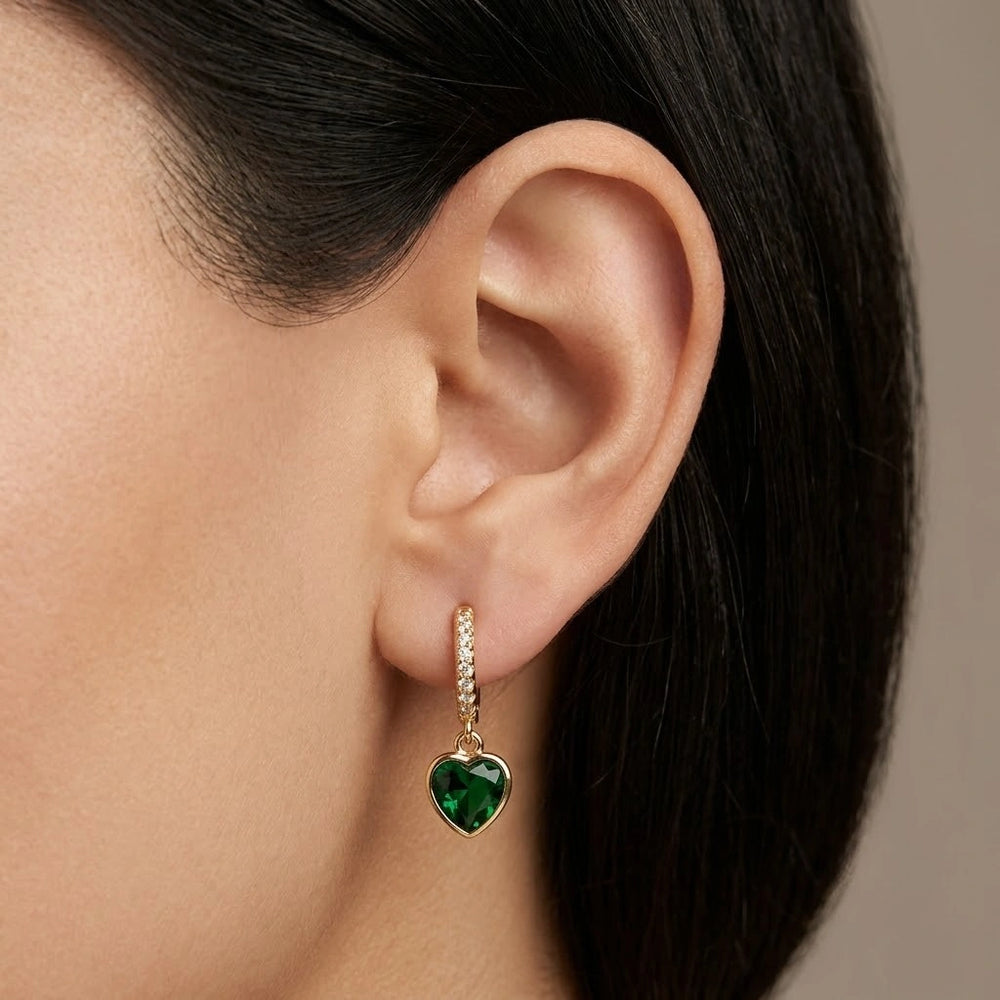 Green Heart Hoop Earrings - Anti Tarnish Gold Plated