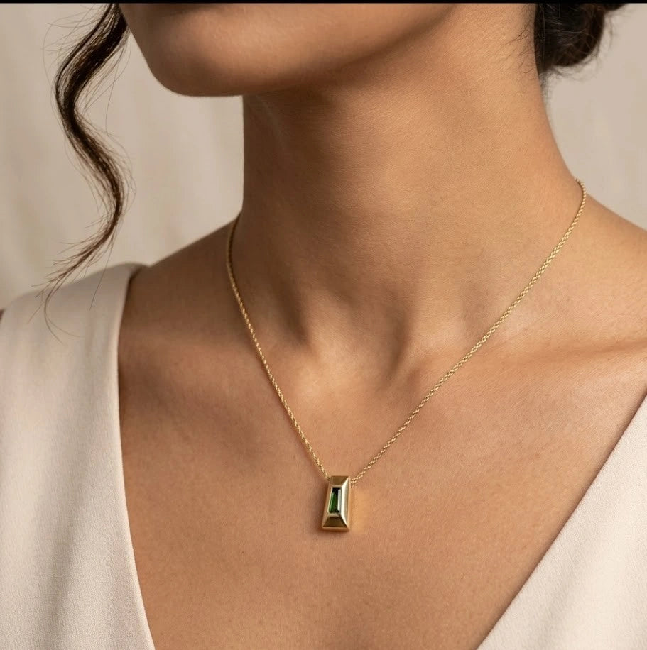 Geometric Green Stone Pendant Necklace | Anti-Tarnish Minimalist Chain