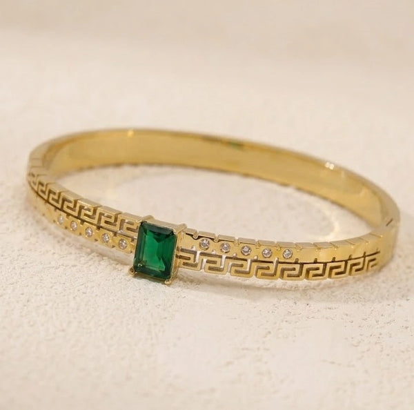 Emerald Green Stone Greek Key Bangle - Anti-Tarnish Gold-Plated Bracelet
