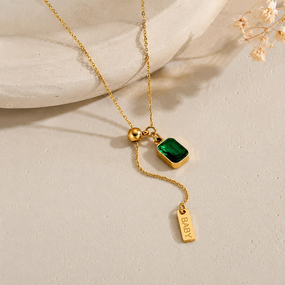 Emerald Green Gem Lariat Necklace - Anti-Tarnish Gold-Plated