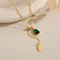 Emerald Green Gem Lariat Necklace - Anti-Tarnish Gold-Plated