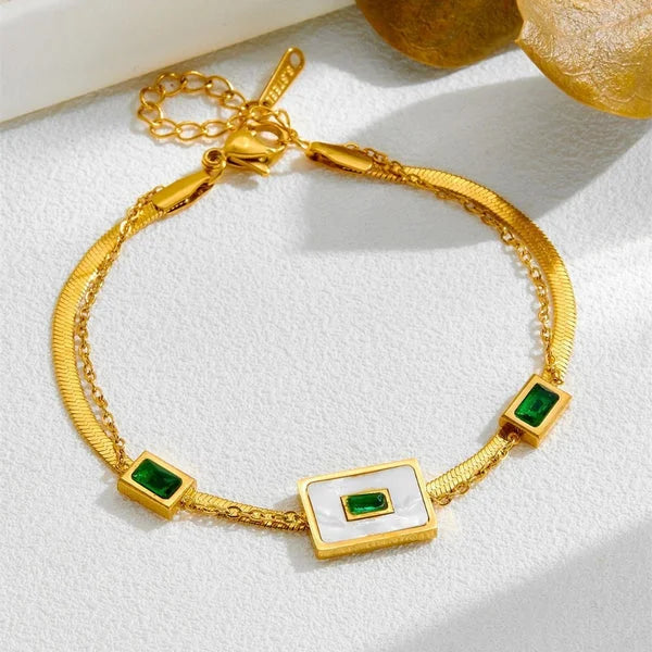 Emerald Green Stone & Mother of Pearl Layered Bracelet - Anti-Tarnish Gold Plated