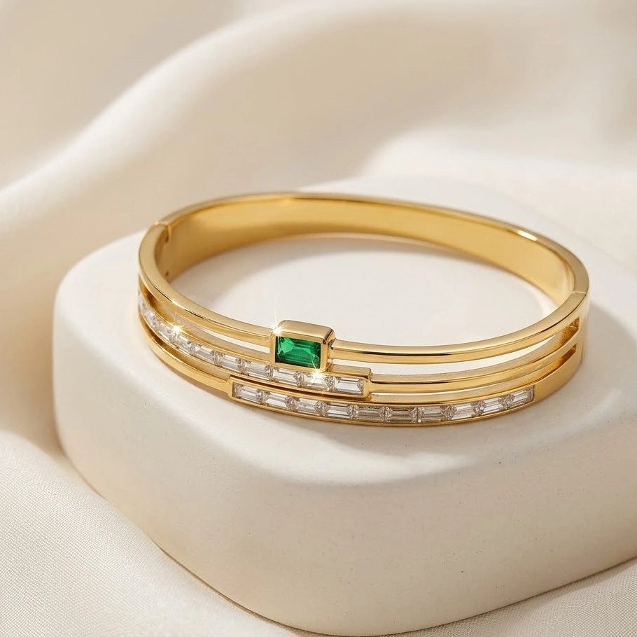 Emerald Green Stone Layered Gold Plated Bracelet | Anti-Tarnish