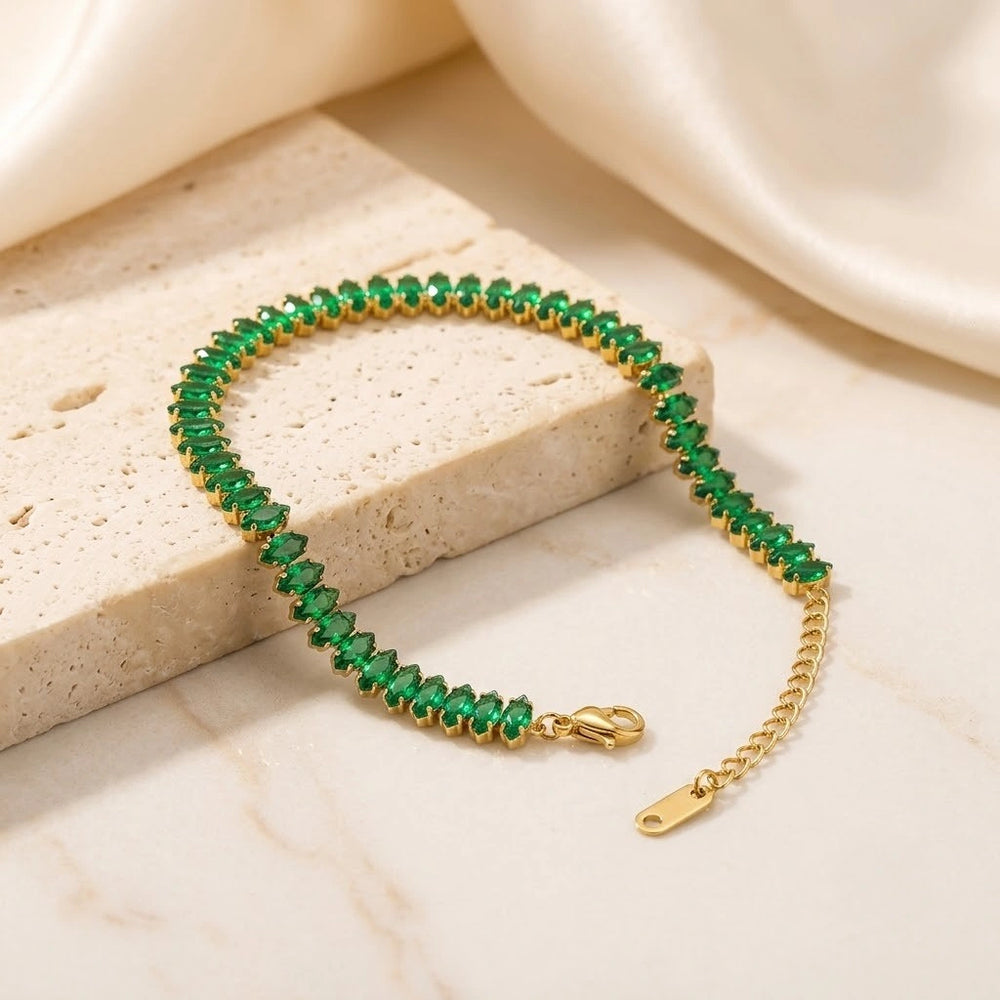 Emerald Green Stone Tennis Bracelet - Anti-Tarnish Gold Plated