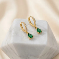 Emerald Green Teardrop Hoop Earrings | Anti Tarnish Gold Plated