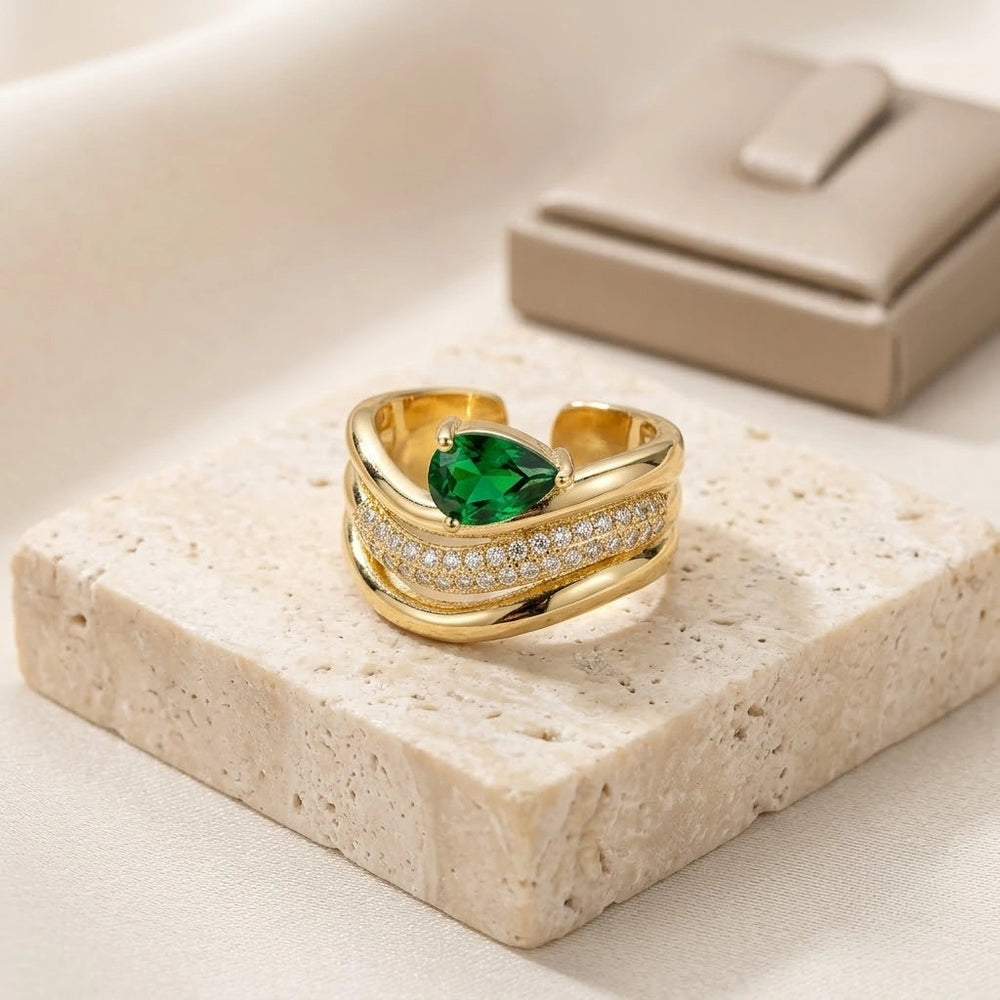 Emerald Green Teardrop Multi-Layer Statement Ring | Anti-Tarnish Gold-Plated